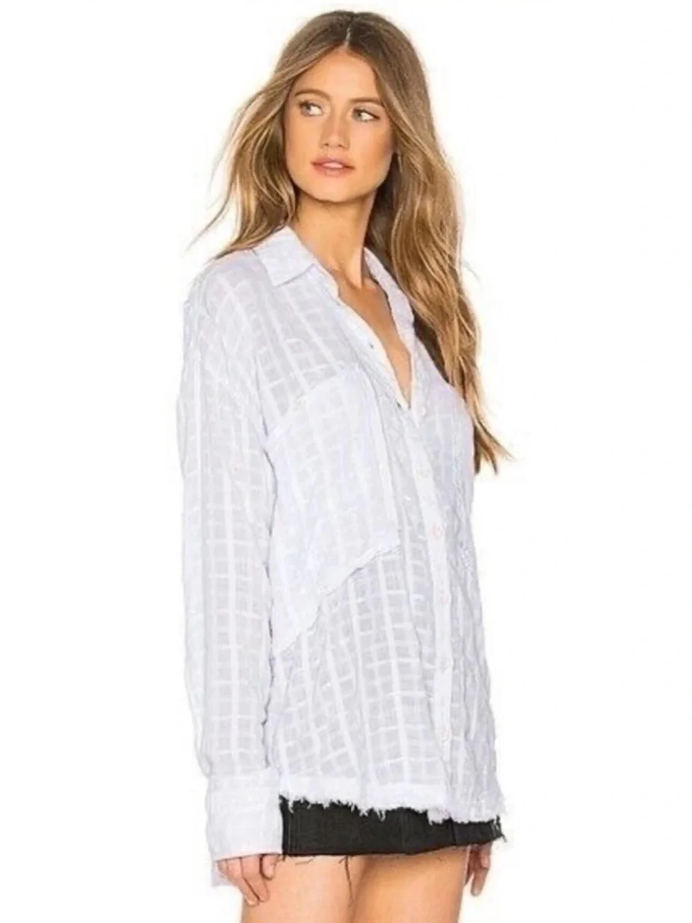 Free People Loveland Women’s White Button-Up Long Sleeve Windowpane Plaid Size L